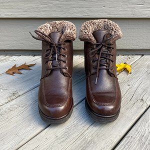 NEXDAY Canada Womens Brown Leather Faux Fur Roll Down Lace Up Boots